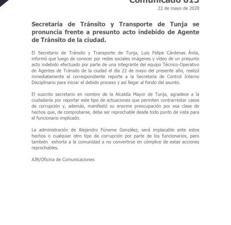 Comunicado – Secretaría de Tránsito y Transporte de Tunja frente a presunto acto indebido de Agente de Tránsito