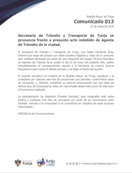 Comunicado – Secretaría de Tránsito y Transporte de Tunja frente a presunto acto indebido de Agente de Tránsito