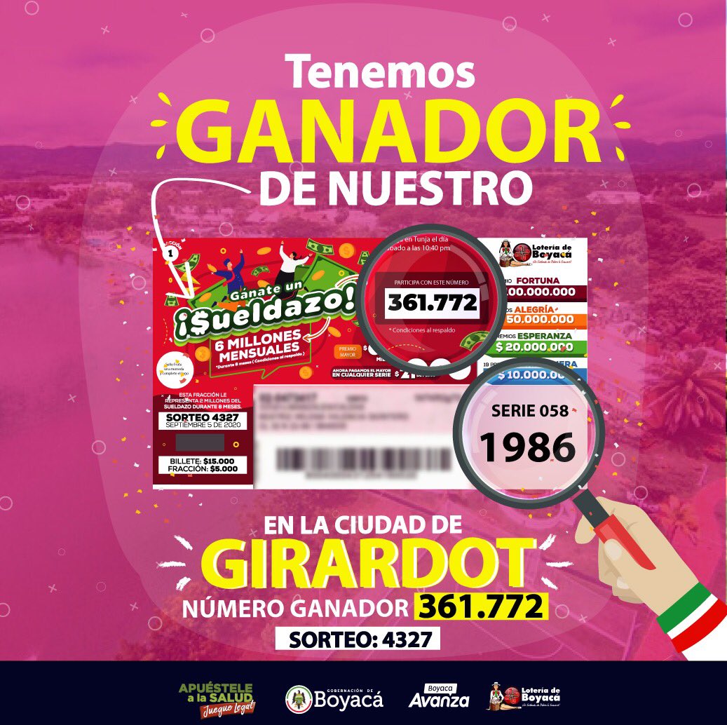 En Girardot se escuentra el feliz ganador de un Sueldazo Millonario, de la Lotería de Boyacá