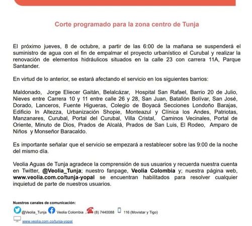 Corte en el servicio  de agua, programado para mañana 8 de octubre en el Centro de la capital Boyacense.