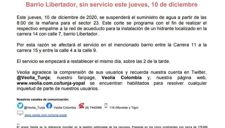 El día jueves 10 de diciembre, se presentarán las siguientes novedades en el servicio de agua en Tunja