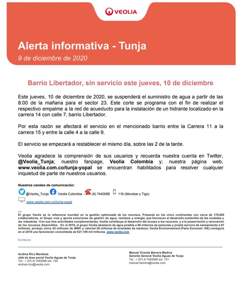 El día jueves 10 de diciembre, se presentarán las siguientes novedades en el servicio de agua en Tunja