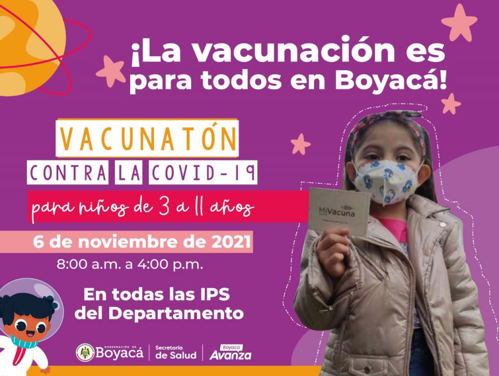 Este sábado 6 de noviembre, Vacunatón contra la COVID-19 para niños de 3 a 11 años en Boyacá